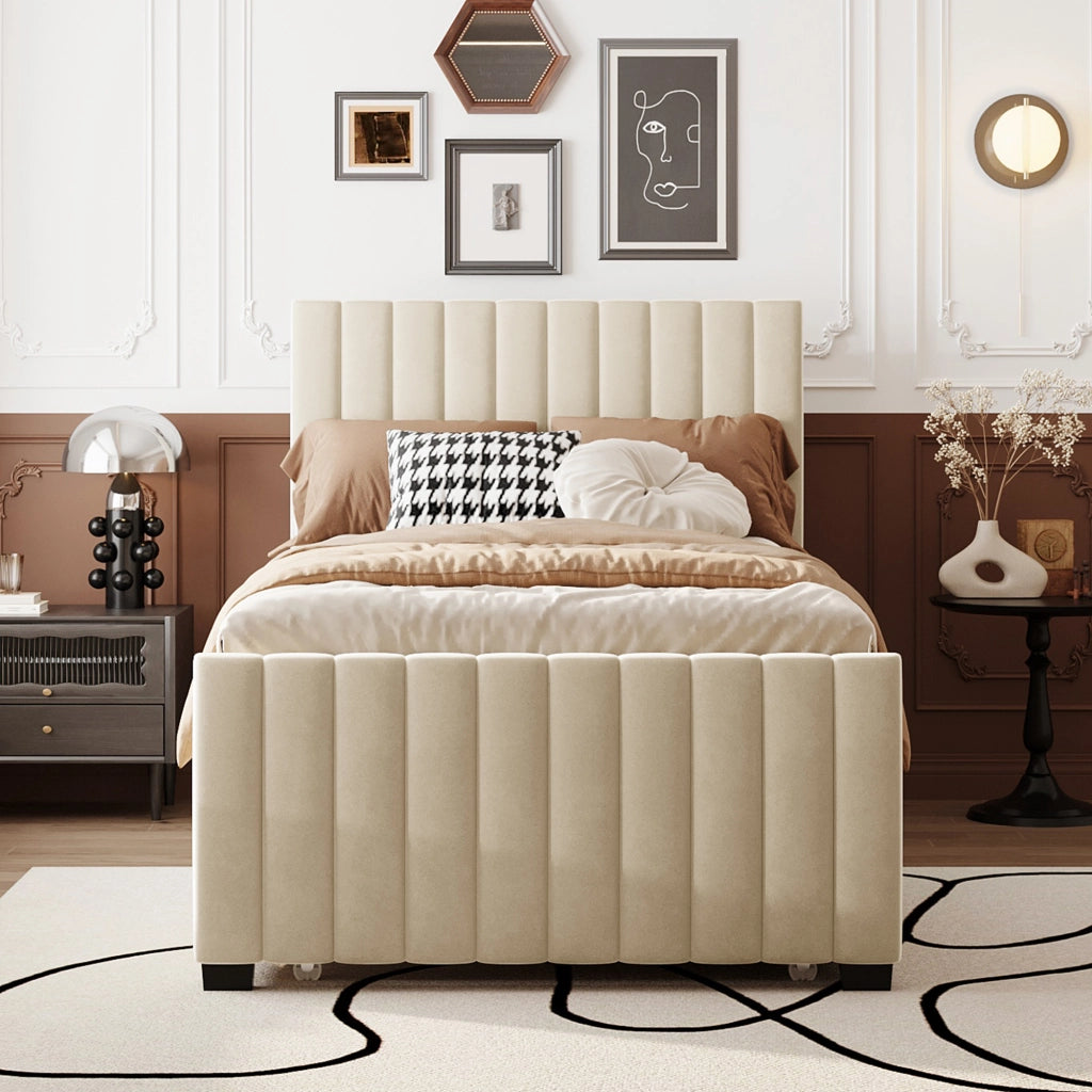 OKWISH Letto Estraibile 90×190 cm, Letto Singolo con Testiera Imbottita, Senza Materasso, in Velluto, Beige