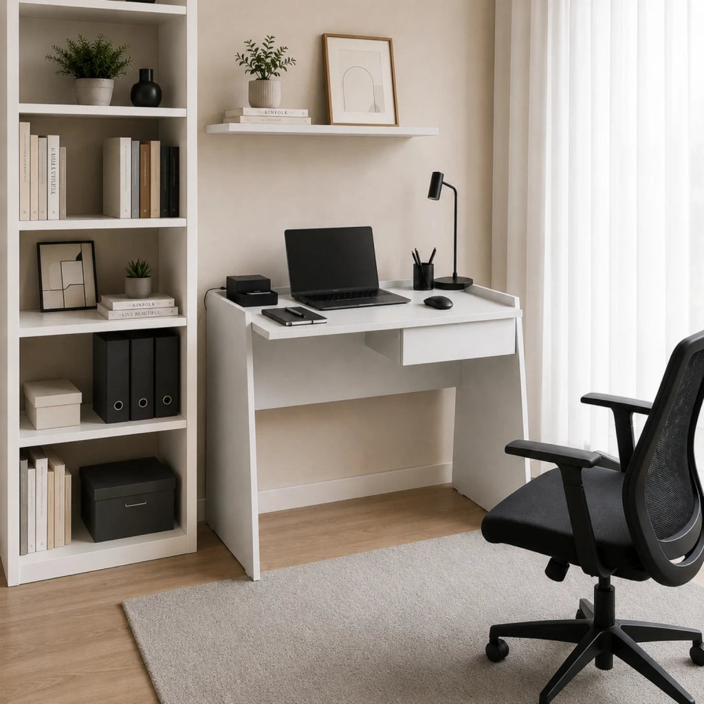 Scrivania Bianca Moderna con Cassetto e Piano Effetto Cemento | Scrivania PC Salvaspazio per Smart Working, Home Office e Studio | Tavolo Computer 90x60x80 cm