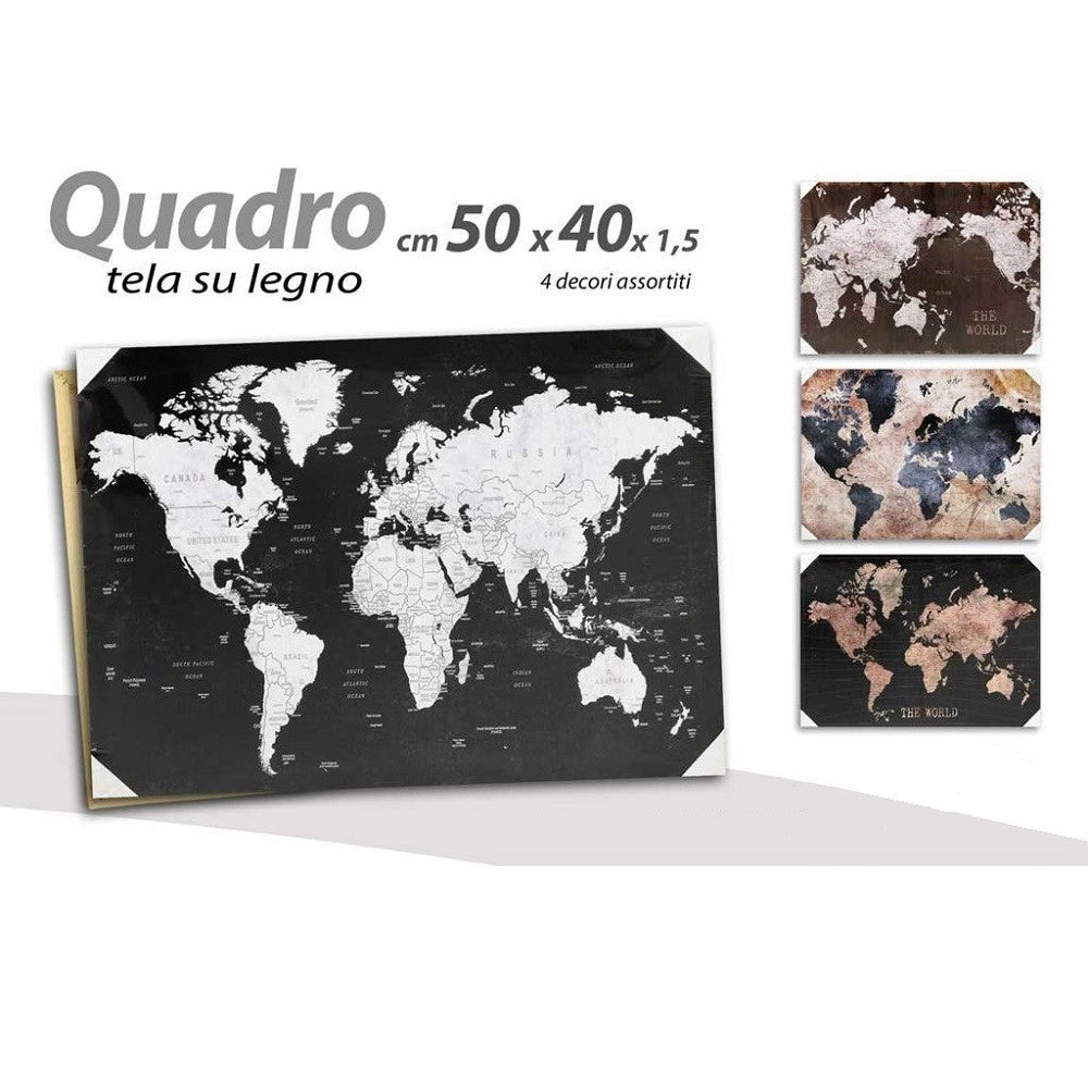 Trade Shop - Quadro Quadretto Decorativo 50x40x1,5cm Tela Su Legno World 4 Decori Ass. 834806 -
