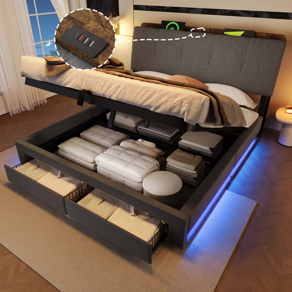 Letto imbottito idraulico con USB LED 140x200 cm colore grigio lino