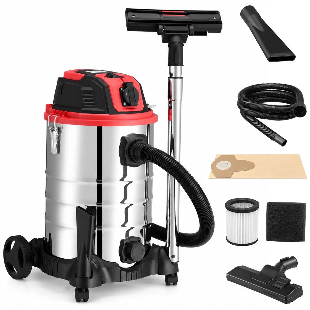 Aspiratore Solidi e Liquidi da 30 L 1200 W Acciaio con Filtro HEPA e Soffiante