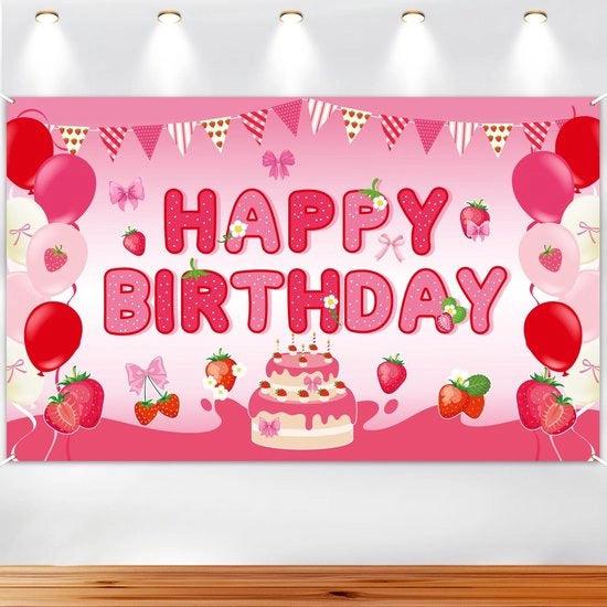 Decorazione di Festa a Tema Aardbei - 176x108cm - Inclusa Frangia - Disegno Carino e Femminile - Bandiera di Festa