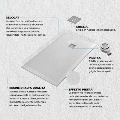 Piatto doccia 80x100 filo pavimento Karen in resina bianco pietra