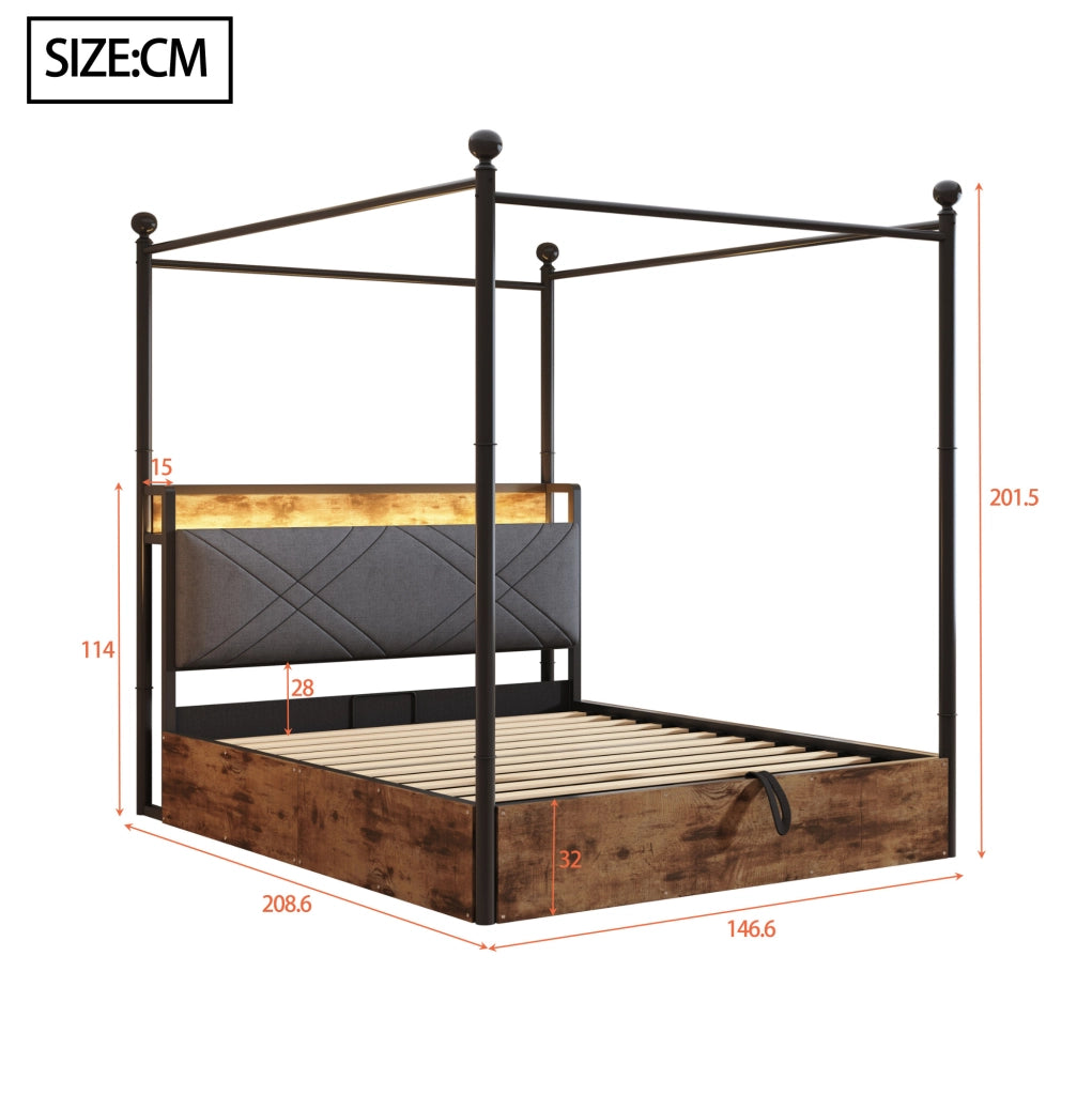 Letto 140x190 cm con baldacchino removibile; contenitore e LED in metallo e legno nero