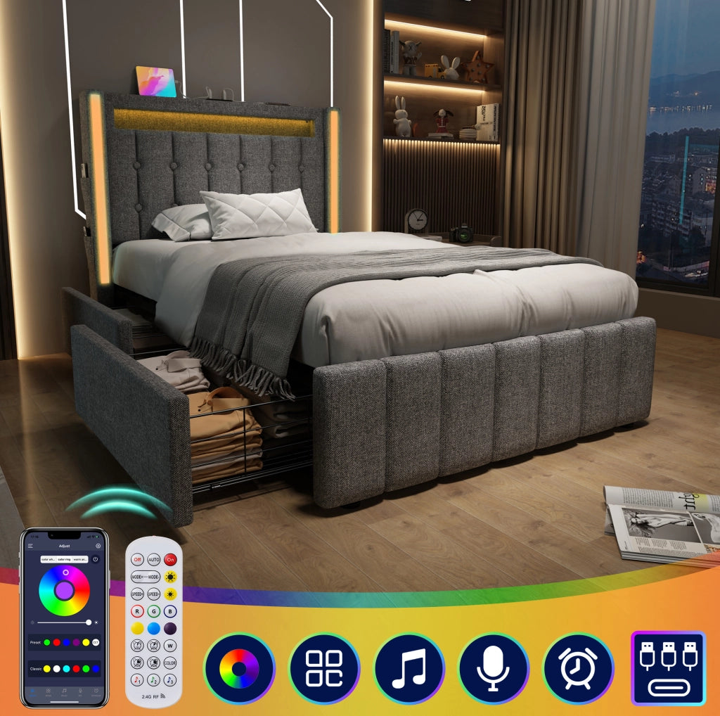 Letto singolo 90x200 cm con LED; 3 USB + 1 Type-C e 2 cassetti; lino grigio