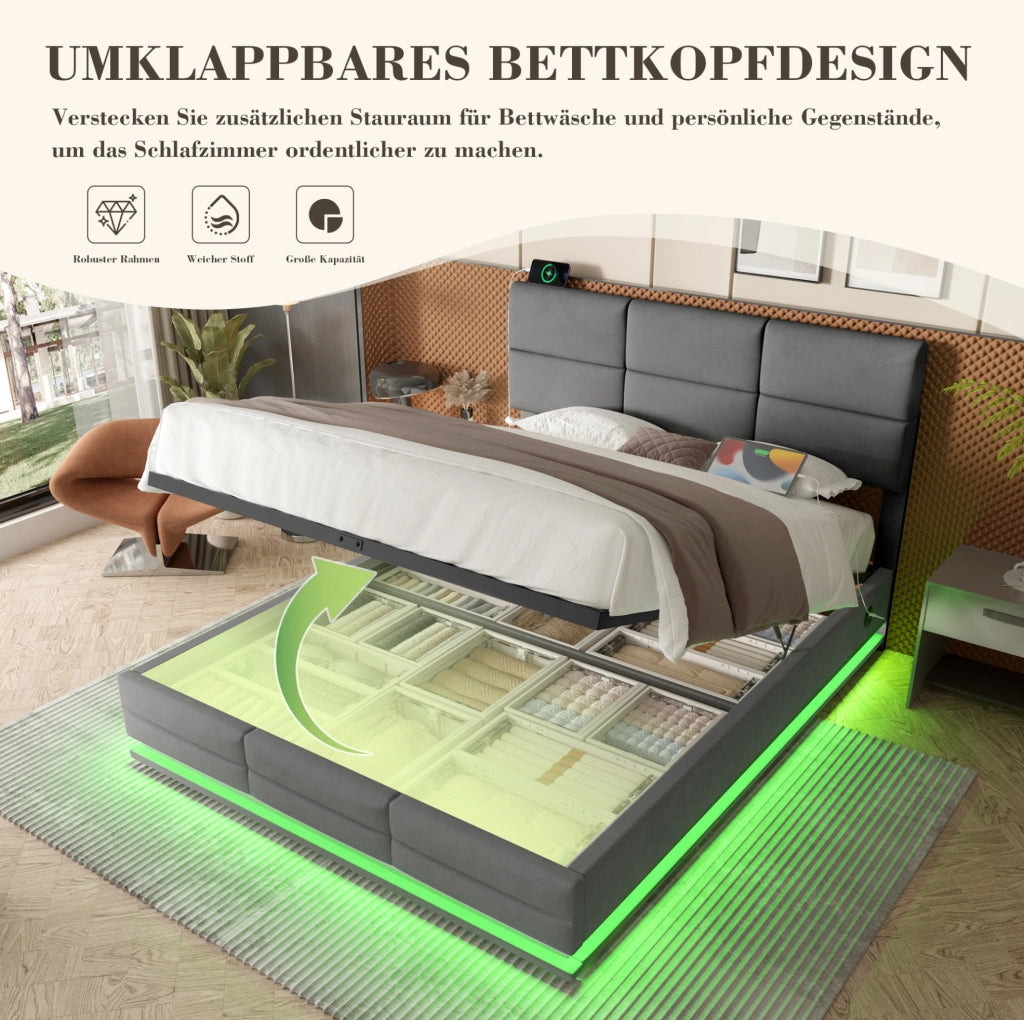 LETTO imbottito 140x200 cm in velluto grigio scuro con USB, LED e sollevamento idraulico