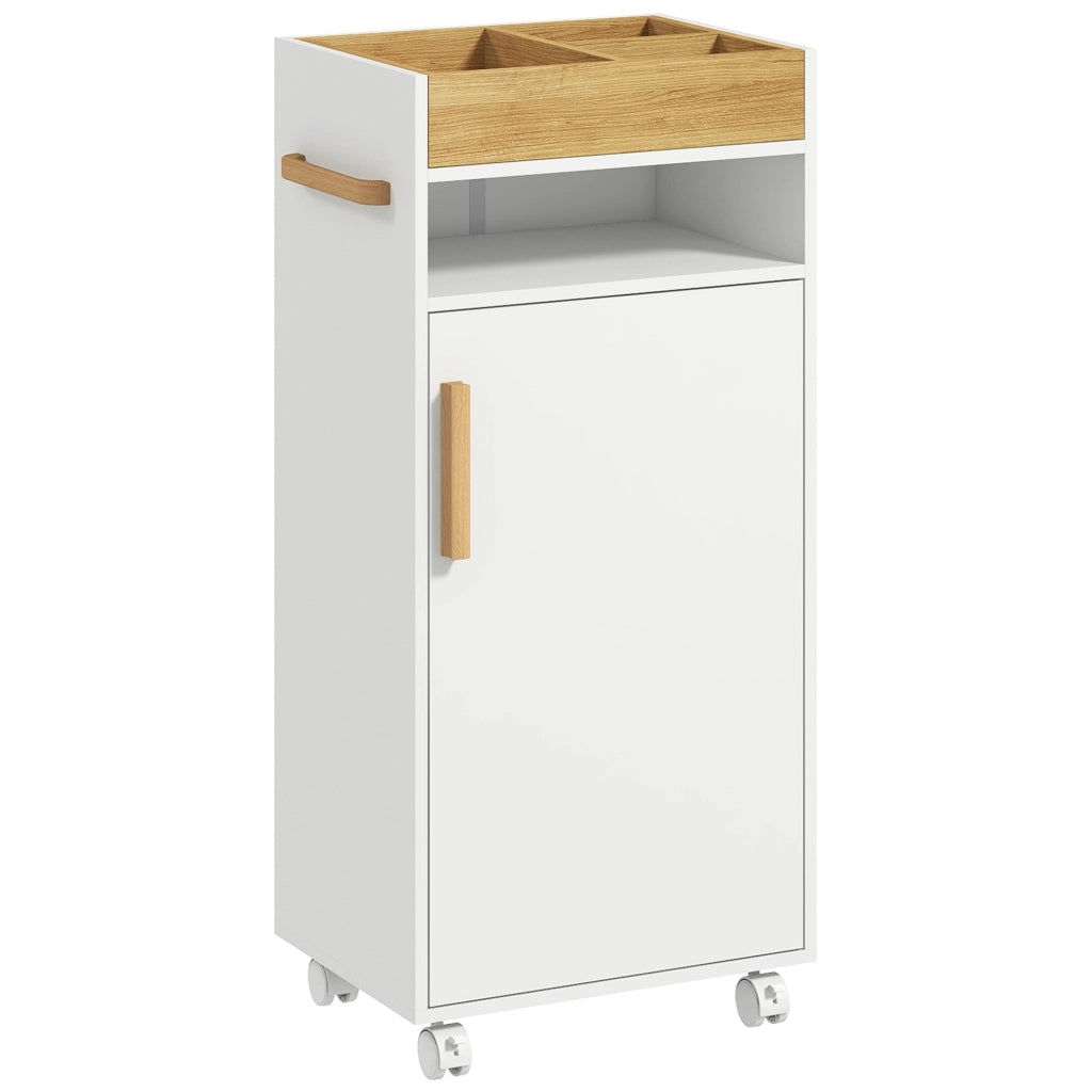 Armadietto da Bagno con Ripiani Regolabili e Ruote ¨C Zephmum ¨C Bianco e Rovere 40x30x88 cm