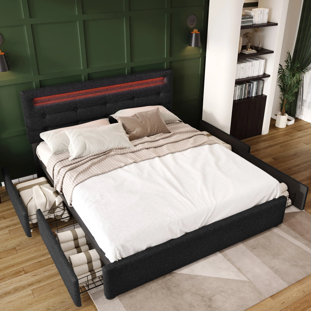 Letto matrimoniale 140x200 cm nero con LED, 4 cassetti e testiera regolabile