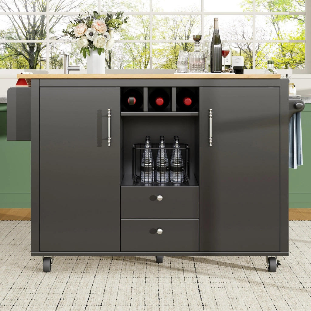 Carrello da Cucina con 2 Cassetti; 2 Ante; Ripiani; Piano Ribaltabile e Portasciugamani; Nero