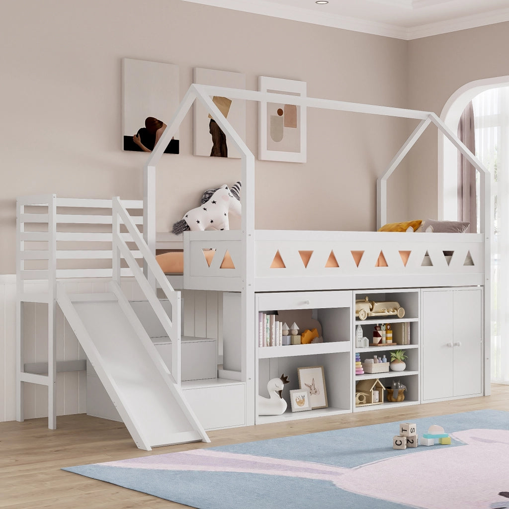 Letto per bambini 90 × 200 cm con scivolo e scala, 2 cassetti e armadietti, senza materasso, in legno massiccio bianco