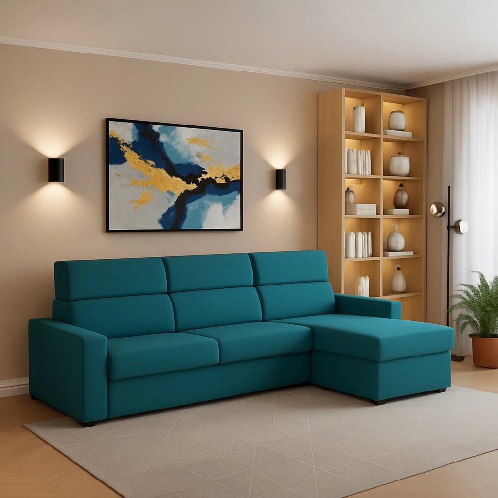 Vigonovo, Divano Fisso con Penisola Sfoderabile Made in Italy, 280x160 cm Azzurro