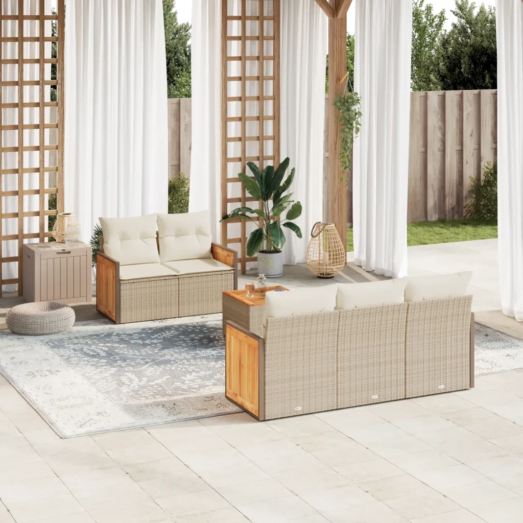 Set Divano da Giardino 6 pz con Cuscini Beige in Polyrattan