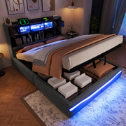 OKWISH Letto Contenitore 140×200 cm, Letto Matrimoniale con USB, Tipo C, LED Regolabile e Vano Contenitore in Testiera, senza Materasso, Lino Grigio
