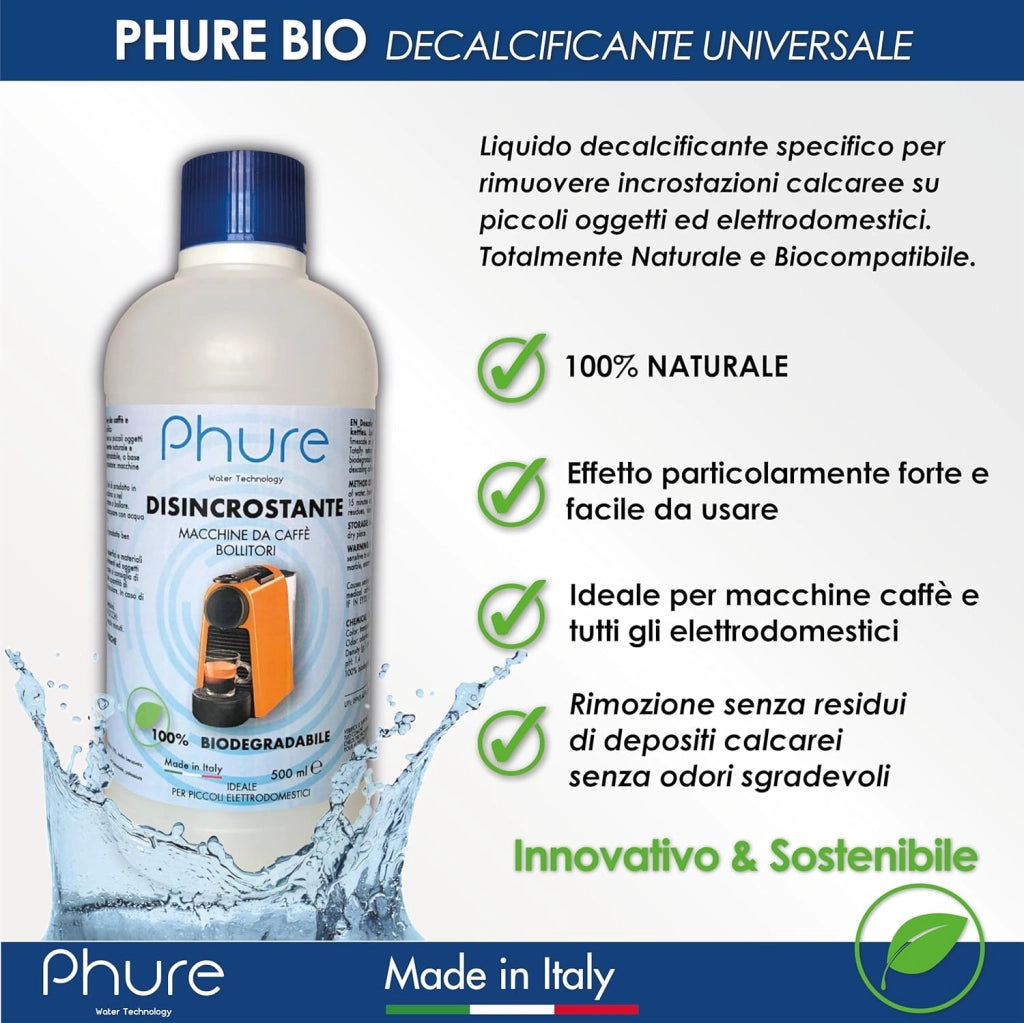 PHURE BIO DECALK Decalcificante Universale Naturale Disincrostante Concentrato Universale per tutti gli elettrodomestici Compatibile con tutte le macchine da caffè, bollitori 500ml