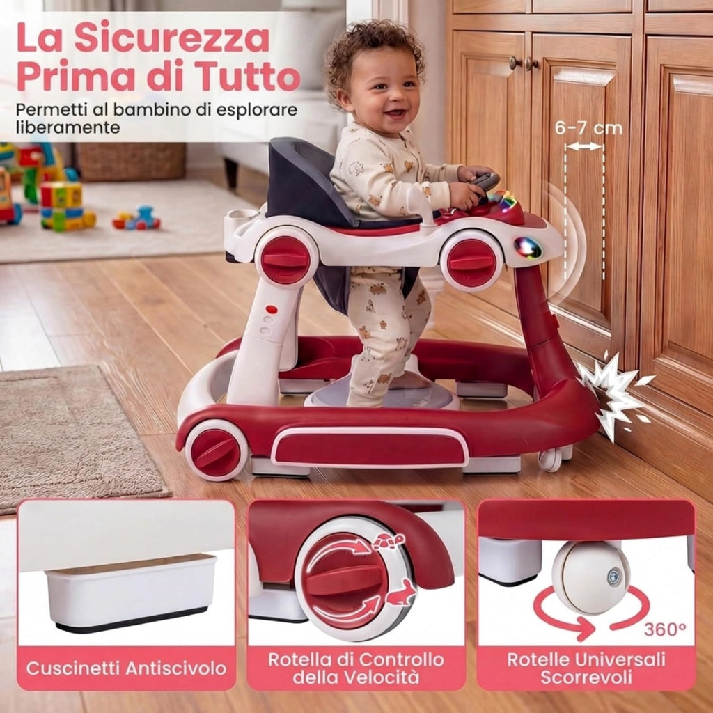 Girello per Bambini 6-in-1 Evolutivo, Centro Attività Pieghevole con Maniglia, Regolazione Altezza/Velocità, con Musica, Luci Tenda, per Neonati 6-18 Mesi (Rosso+Bianco)