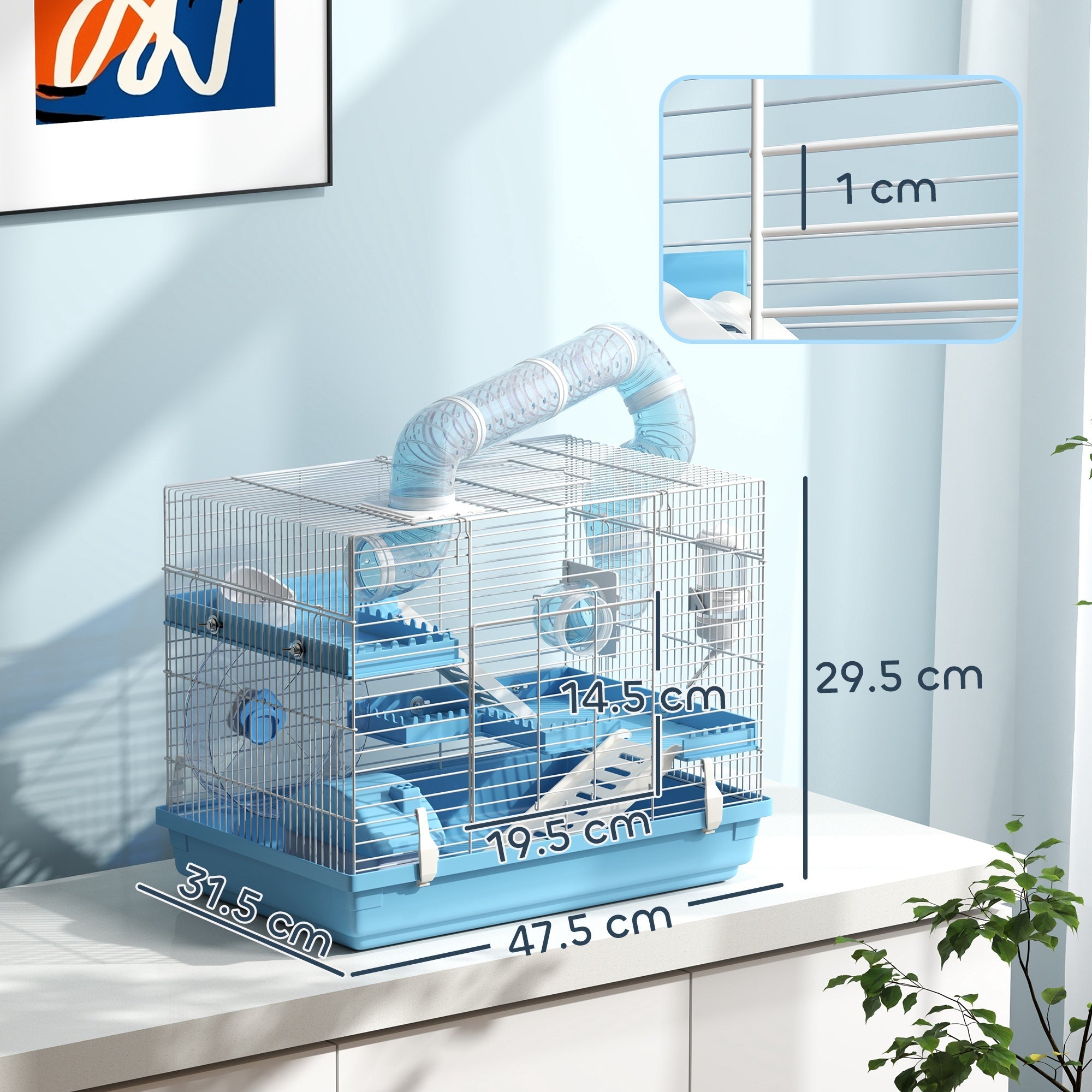 Gabbia per Criceti a 3 Piani 47,5x31,5x29,5H cm con Accessori Azzurro