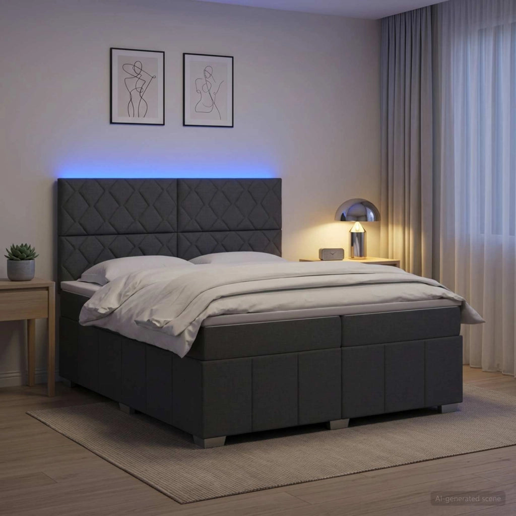 Letto Box Spring LED con Materasso Grigio Scuro 200 x 200 cm 3455690