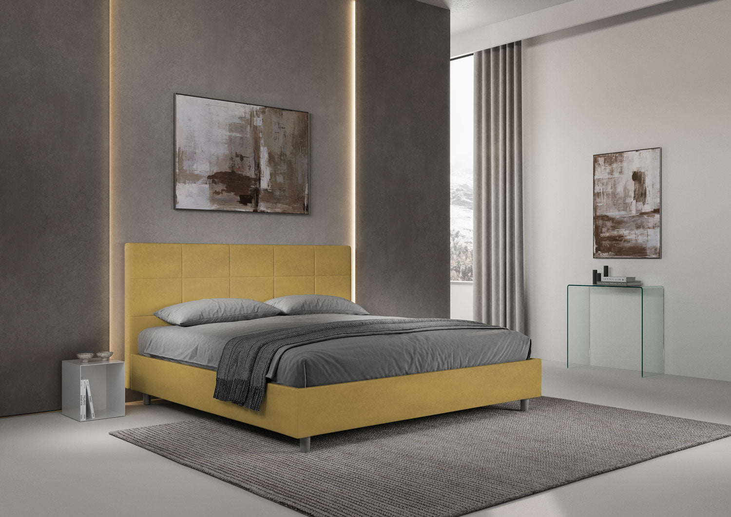 Letto Matrimoniale King Size 180x200 cm Senza Rete Imbottito in Microfibra Mika Ocra