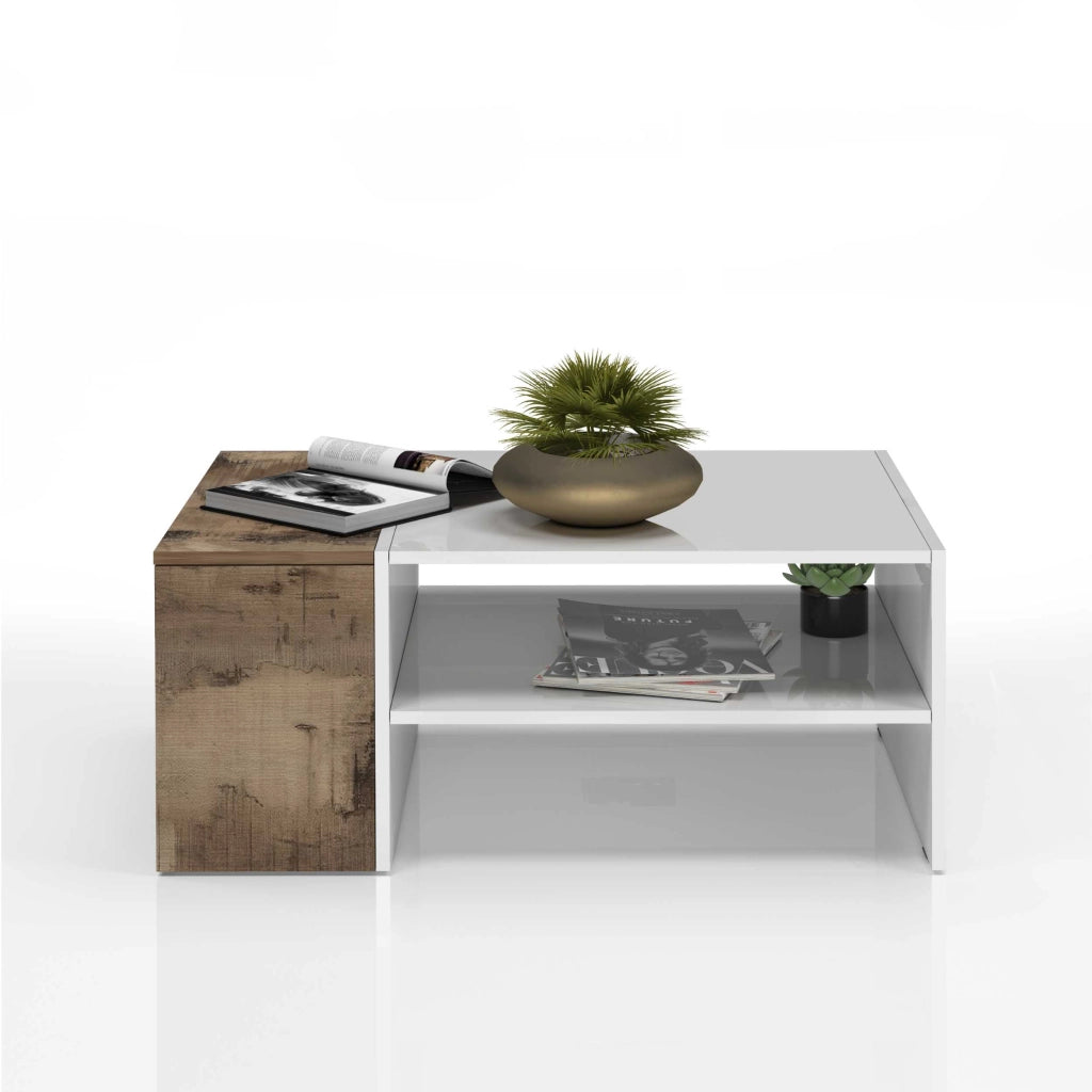 WHOUS Tavolino da caffè Corona con 1 vano contenitivo bianco e acero pereira 90x60x40 cm