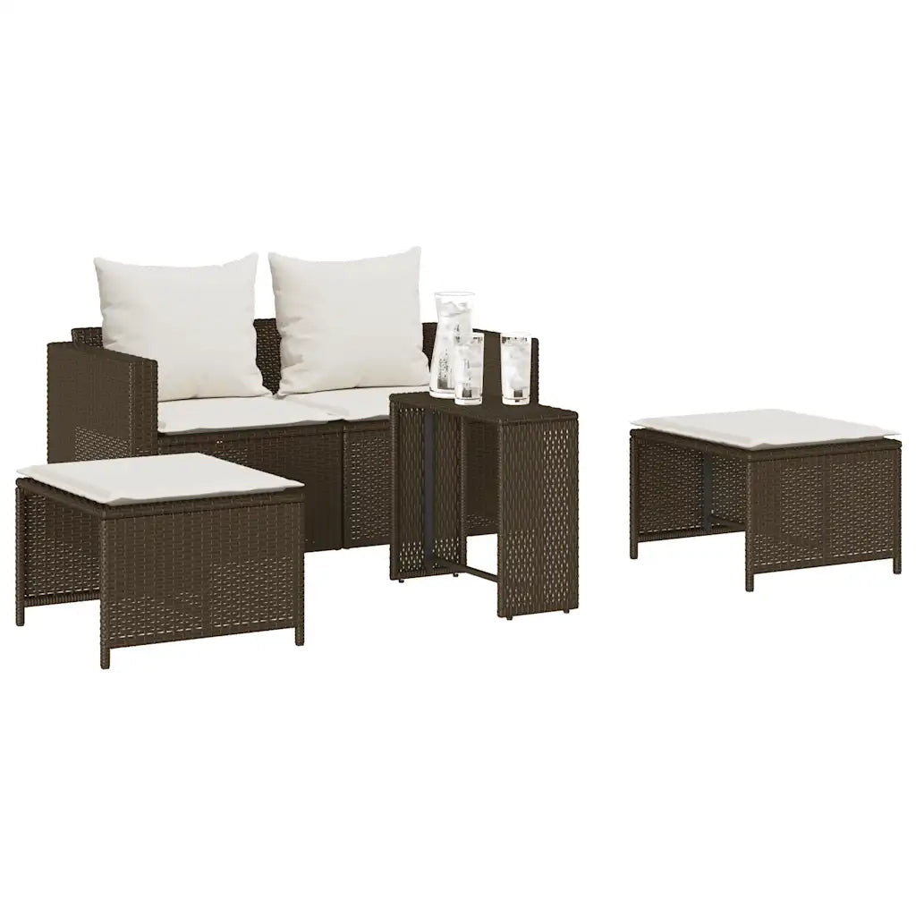 Set Divano da Giardino 5 pz con Cuscini Marrone in Polyrattan