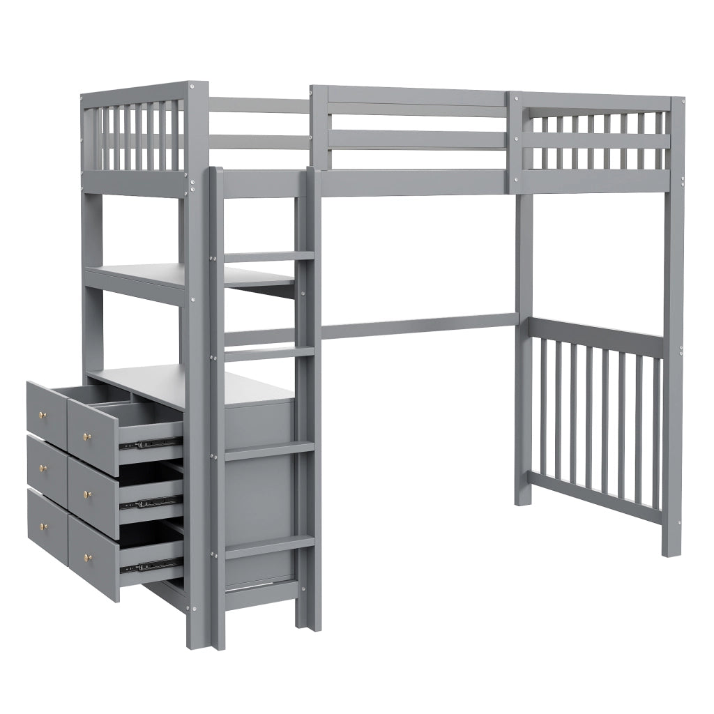 OKWISH Letto a Soppalco 90×200 cm, Letto Singolo con Scala Verticale, 6 Cassetti, Mensole e Sponda di Sicurezza, senza Materasso, Grigio