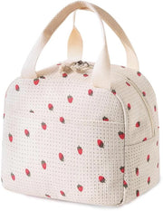 Mini Tas Isolante per Cibo e Bevande con Disegno di Fragole, Tas Piccola per Scuola, Ufficio e Pic-Nic, Borsa Bianca Isolante