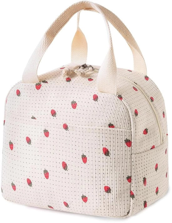Mini Tas Isolante per Cibo e Bevande con Disegno di Fragole, Tas Piccola per Scuola, Ufficio e Pic-Nic, Borsa Bianca Isolante