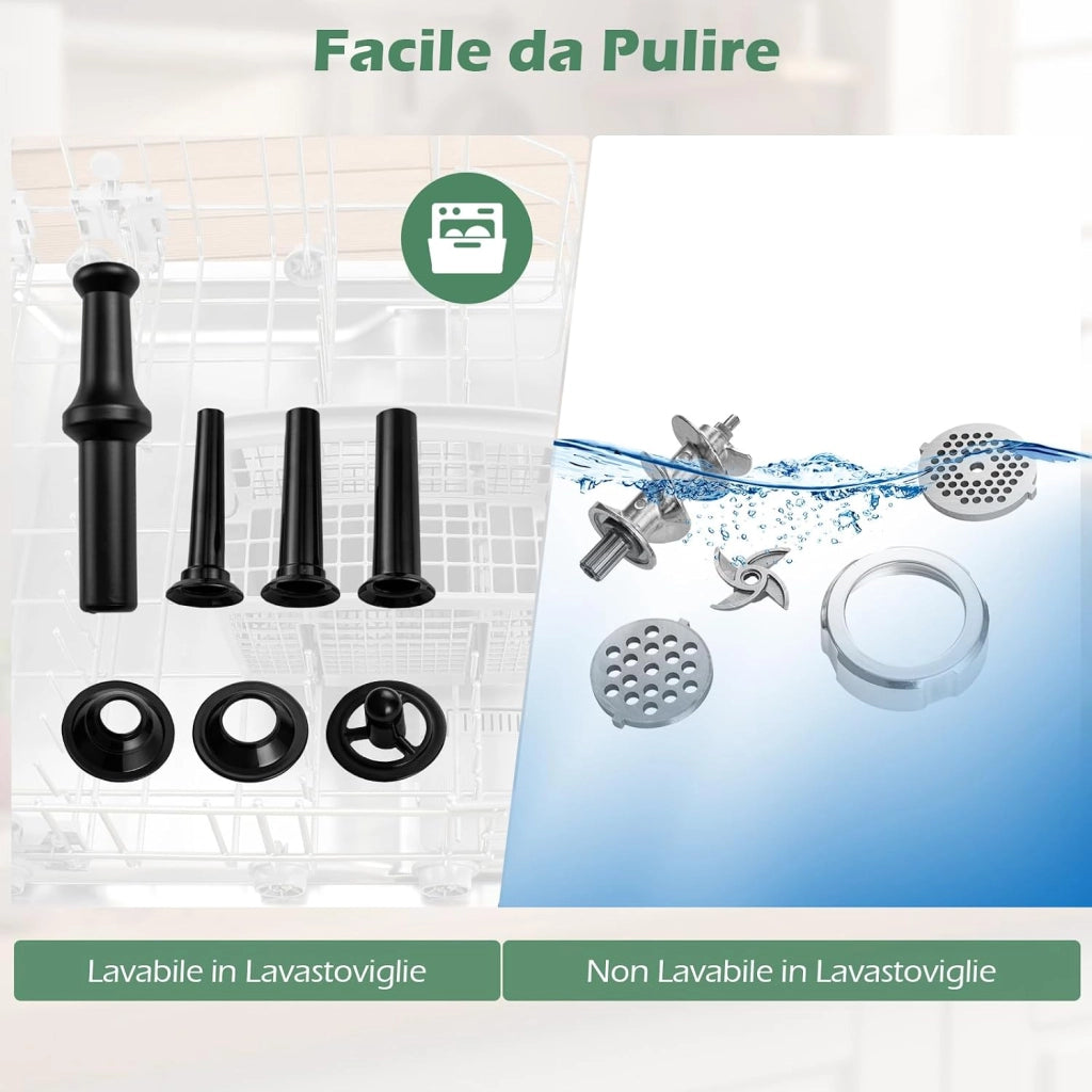 2000W Tritacarne Elettrico con Insaccatore per Salsicce, 3 Tubetti per Salsicce, 3 Dischi per Macinare, Kit Kibbe, Lama, Spingitore e Cassetto, Tritacarne in Alluminio per Cucina