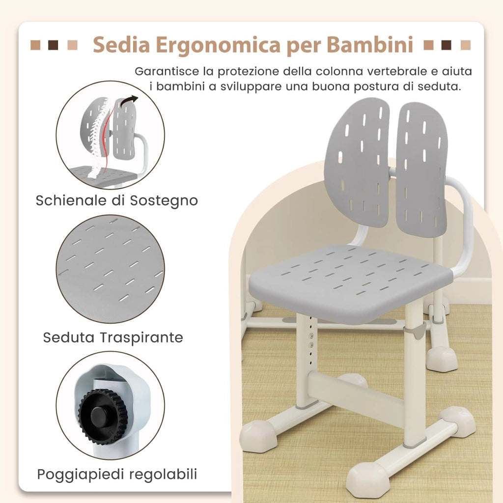 Set di Scrivania e Sedia per Bambini con Altezza Regolabile, Grigio | Banco Scuola con Piano Inclinabile, Supporto per Libri, Barra Poggiapiedi e Sedia Ergonomica per Scuola, Ufficio e Cameretta