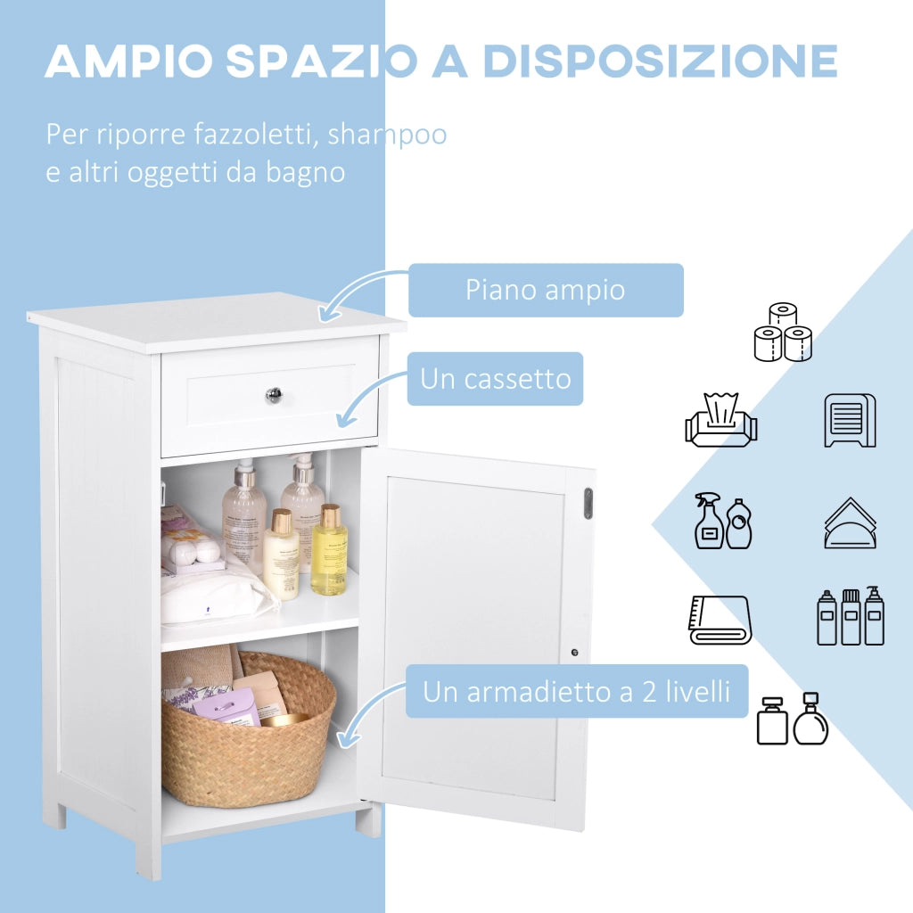 Mobiletto Armadietto 2 Cassetti, Mobile Bagno Design Anti-Ribaltamento da Bagno in MDF, 43x34x77 cm, Bianco