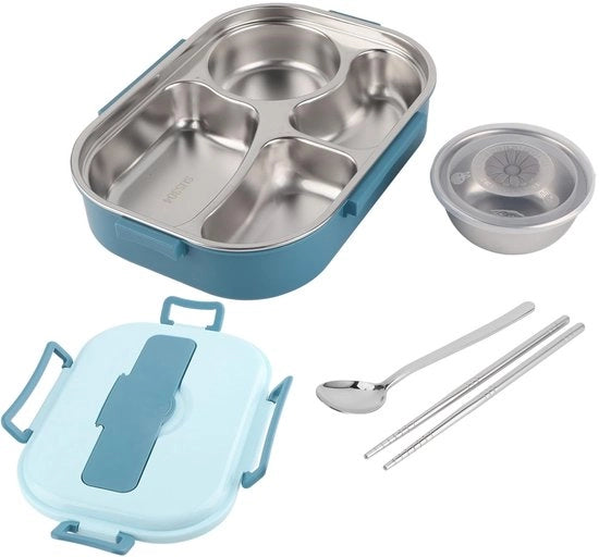 Lunchbox in Acciaio Inossidabile - Contenitore da Cibo Portatile - 4 Compartimenti - Ciotola per Zuppa - Inclusi Cucchiaio e Spiedini da Cibo - Ideale per il Lavoro