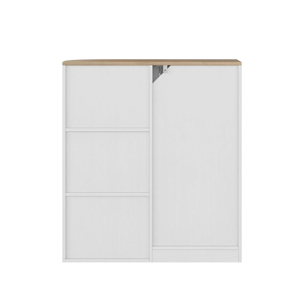 Mobile angolare salvaspazio con ripiani aperti e vani chiusi, bianco effetto rovere, in MDF