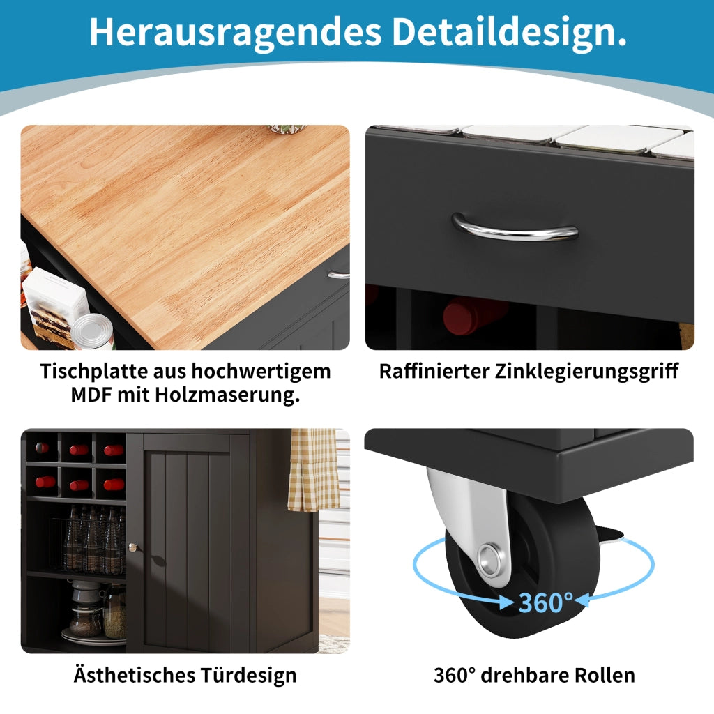 CARRELLO CUCINA 102x45x92 cm Nero in MDF e Metallo