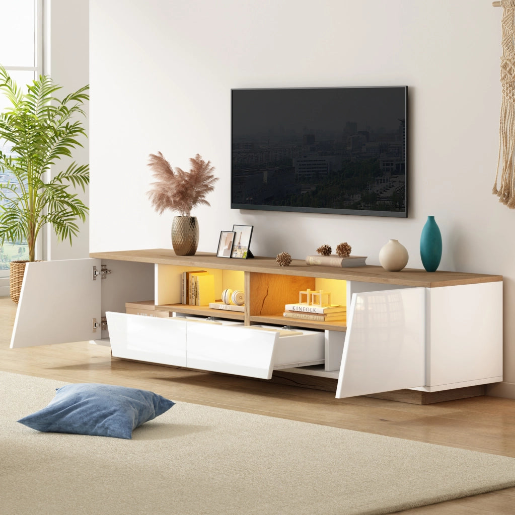Mobile TV LED 180x40x46 cm bianco e legno con 2 ante e 2 cassetti