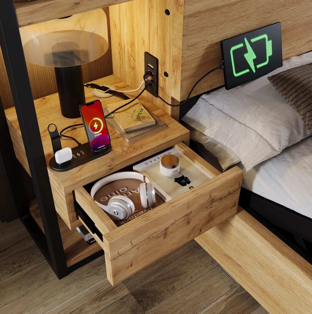 Letto matrimoniale ULEVR 180x200 cm con contenitore, comodini con cassetti e ricarica USB e Type-C, rovere