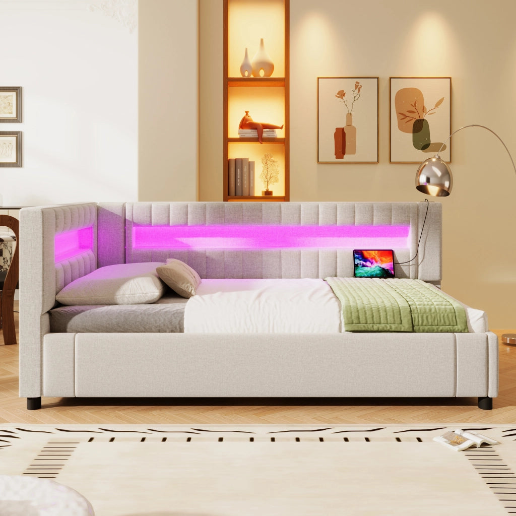 OKWISH Letto Divano 90×200 cm, Letto Singolo con Contenitore Idraulico, LED Regolabile e USB e Tipo C, senza Materasso, in Lino, Beige