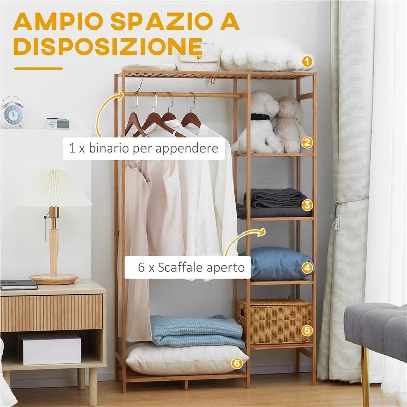 APPENDIABITI IN BAMB¨ CON SCAFFALE A 6 LIVELLI E BARRA ATTACCAPANNI, 90X30X145 CM, LEGNO NATURALE