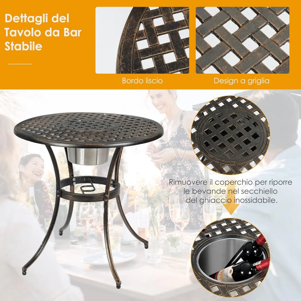 Tavolo Rotondo e 2 Sedie, con Secchio di Ghiaccio, Set Mobili 3 Pezzo da Giardino in Fusione di Alluminio, Stile Antichi, Resistente Alle Intemperie (Bronzo Antico)