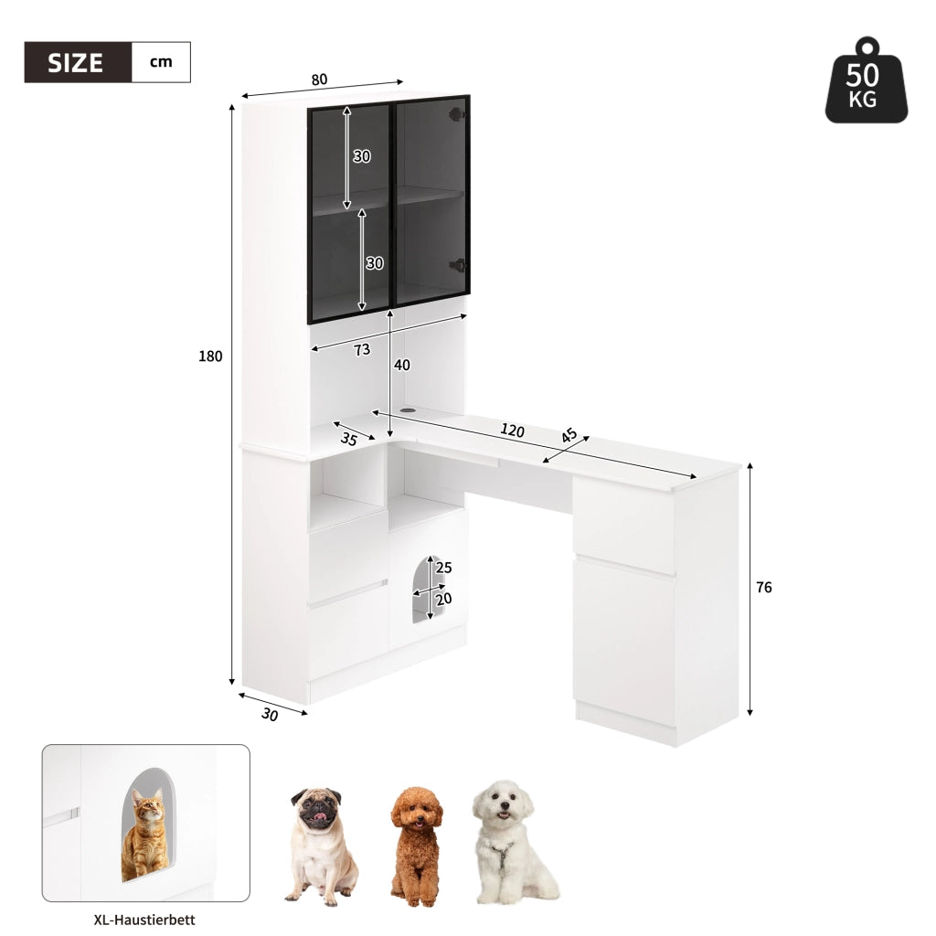 Scrivania angolare con libreria e vetrina LED, 3 cassetti, 2 porte e passacavi, per home office, 120 × 80 × 180 cm