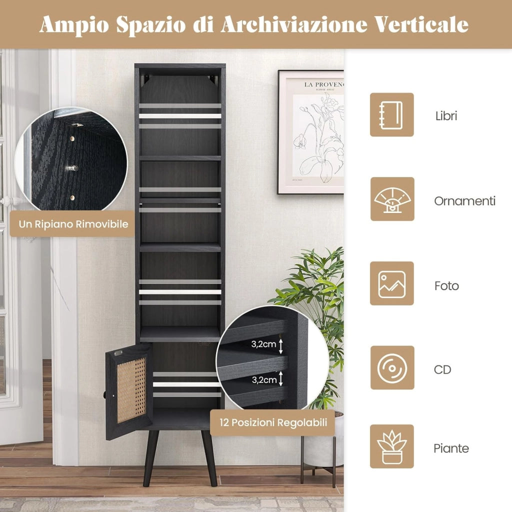 Libreria Scaffale con Anta in Rattan Naturale, Scaffale Legno in Stile Boho con 3 Ripiani Regolabili in 12 Posizioni, per Soggiorno Cucina e Camera da Letto, 29,5 x 29,5 x 137 cm (Nero)