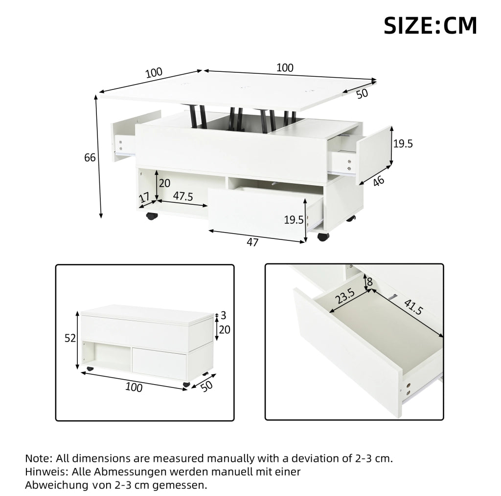 Tavolino da caffè 100x50x52 cm regolabile in altezza con 4 cassetti in truciolare bianco