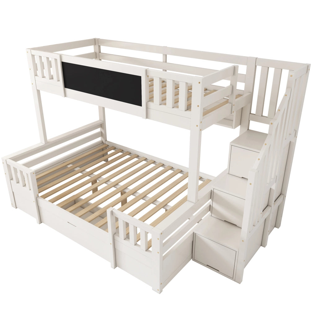 Letto a castello ULEVR 90x200 e 140x200 cm con scala contenitore, cassetti e lavagna, bianco