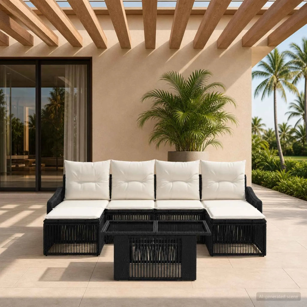 Set Divano da Giardino 7 pz Nero e Bianco Crema polyrattan 3437287