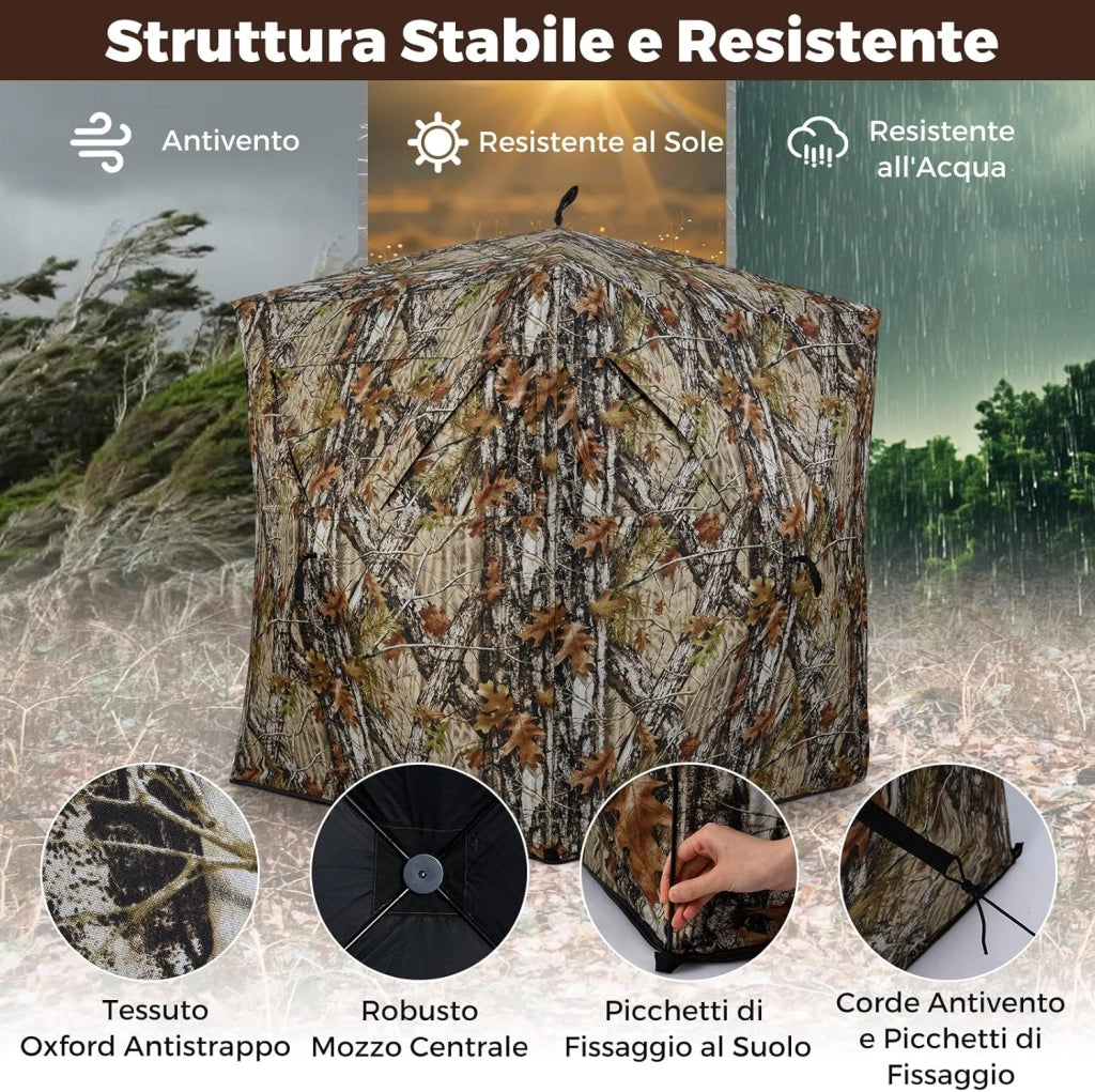 Tenda da Caccia per 2 Persone, Tenda Pop-Up Camouflage con Finestre Scorrevoli Silenziose, Pannelli di Sicurezza e Borsa per Il Trasporto, 140 x 140 x 170 cm