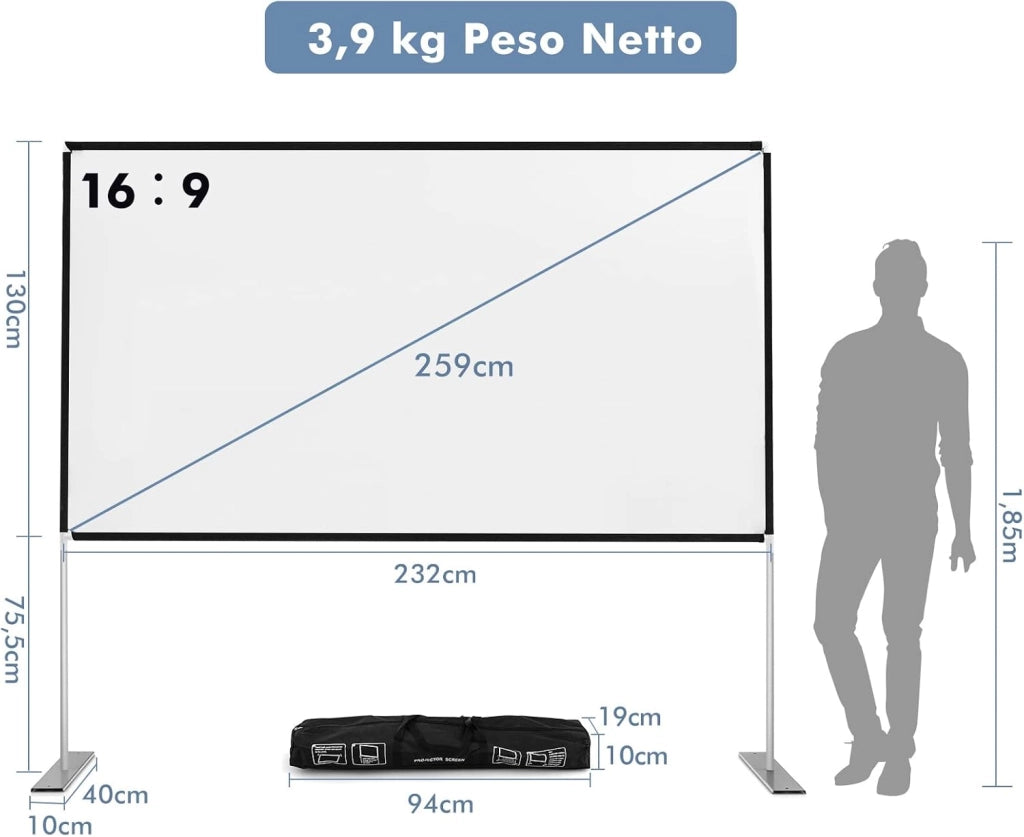 Schermo per Proiettore da 100 Pollici con Supporto, Schermo Cinematografico con Angolo di Visione di 160°, Tessuto Premium, Telaio in Alluminio e Base in Acciaio