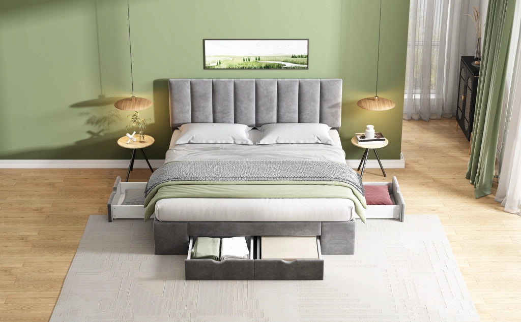 Letto imbottito 160x200 - Xylo - Grigio velluto, 4 cassetti