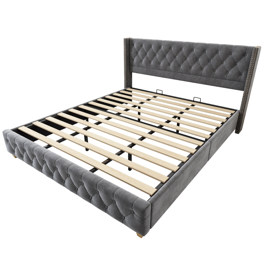 Letto Adulto 180×200 cm; Letto Matrimoniale in Velluto con Testiera Imbottita e Borchie; senza Materasso; Grigio