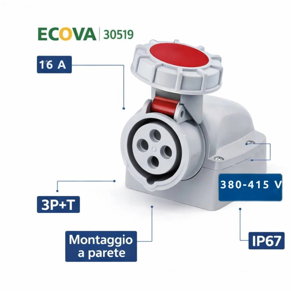 Ecova 30519 presa industriale 16a 380v 3p+t ip67 da parete