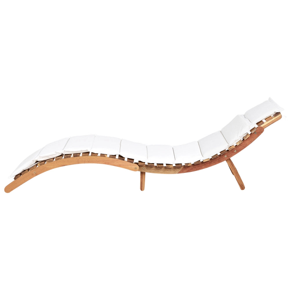 Lettino da sole in legno di acacia chiaro  Cuscino Bianco Design a doghe Pieghevole Caratteristica Forma curva Giardino Patio Balcone
