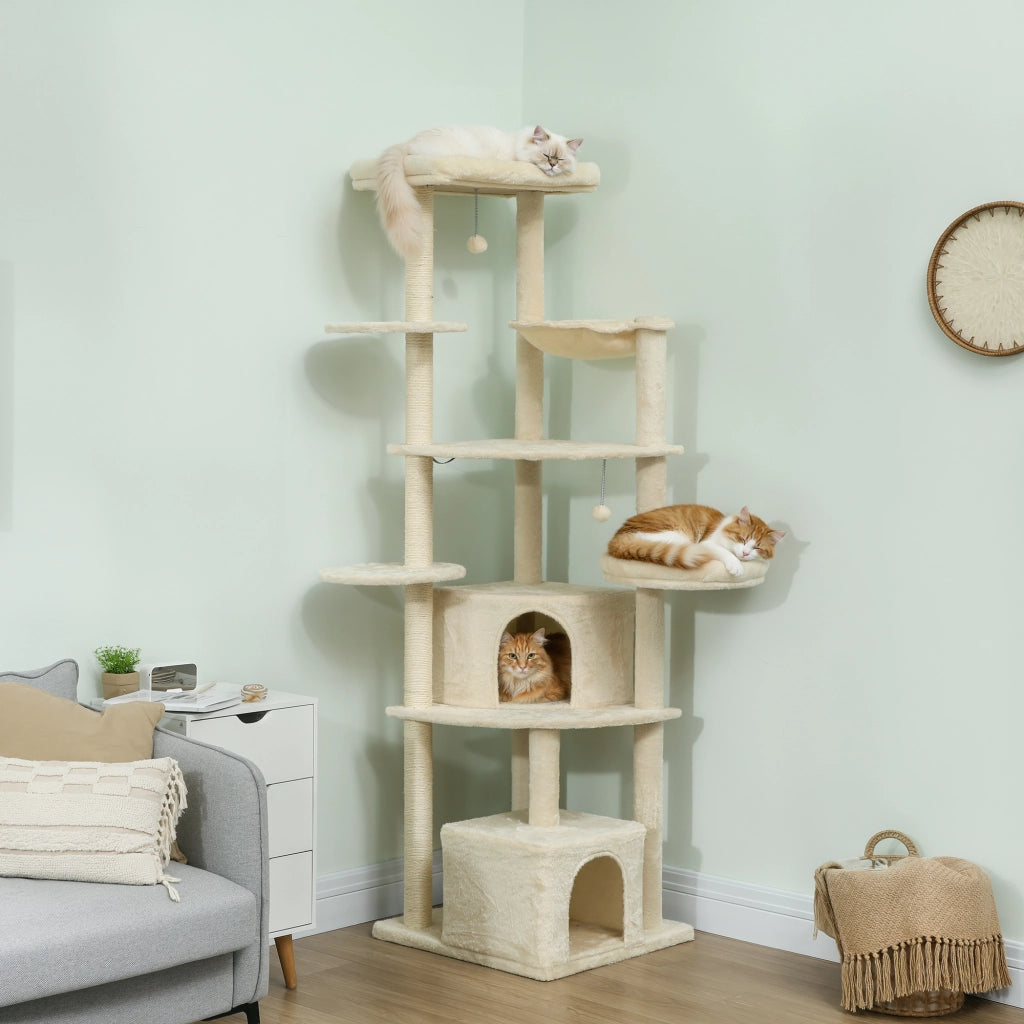 Albero per Gatti Alto 200 cm Multilivello con 2 Casette, 2 Lettini e Amaca, Struttura per 2-3 Gatti, Beige